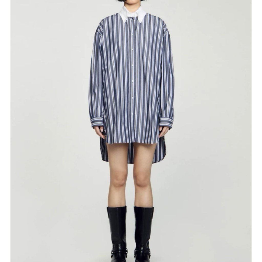 Sandro Oversized Striped Button Down Shirt Blue Grey Size S $340